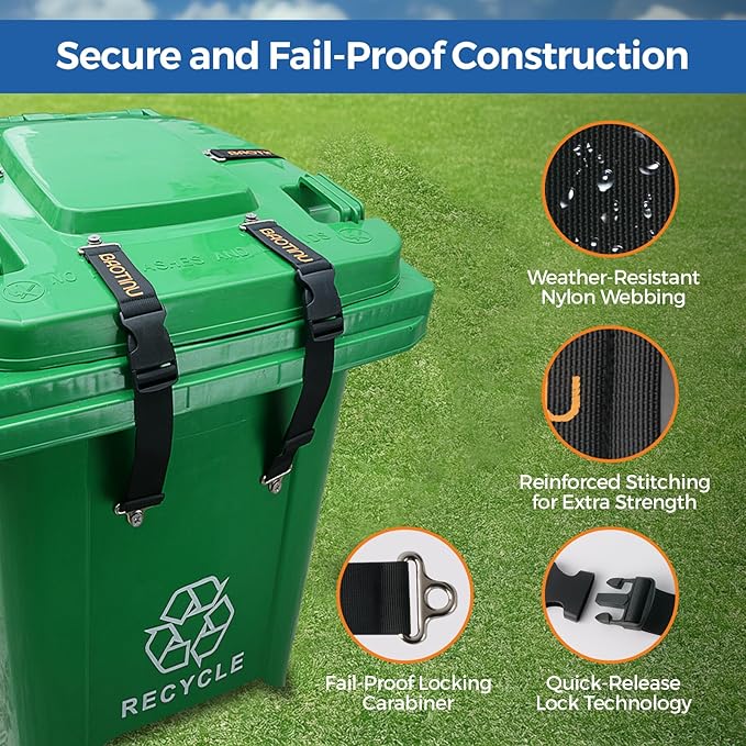 Trash Can Lock for Animals, 2PCS Adjustable Straps Garbage Can Locks for 28-100 Gallon Outdoor Bins, Bear Proof Trash Can Lock with Anti-Rust Metal Buckle, One-Hand Release Lid Locking(Deep Black)