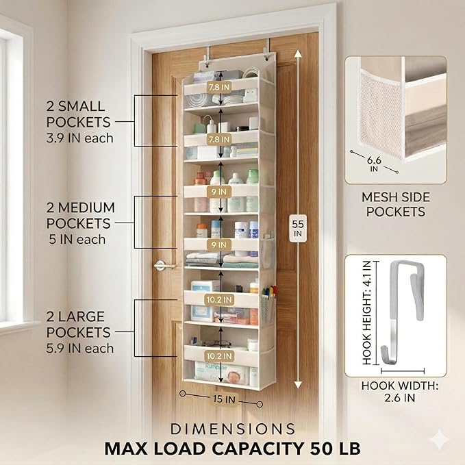 HOMELUX THEORY Over the Door Organizer, 100D Fabric, Ivory 1pc - Image 2