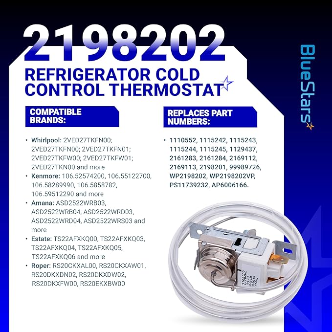 UPGRADED 2198202 Refrigerator Cold Control Thermostat Replacement - Compatible with Whirlpool & Kenmore Refrigerators - Replaces 2161284 2198201 PS11739232 AP6006166 WP2198202 161284 1110552