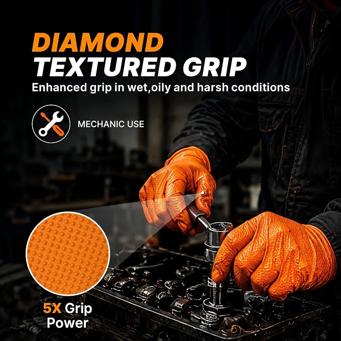 TitanFlex Heavy Duty Industrial Orange Nitrile Gloves, Gloves Disposable Latex - Image 3