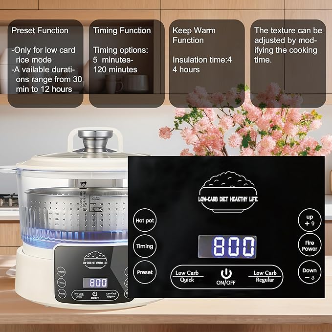 Low Carb Rice Cooker,3L Multifunction Low Sugar Rice Cooker Small,Reservable & Timable,4H Keep Warm,Cooking,Simmering,Stewing,Steaming All In One,Ideal for Small Familie,Apartment(3L,Beige)