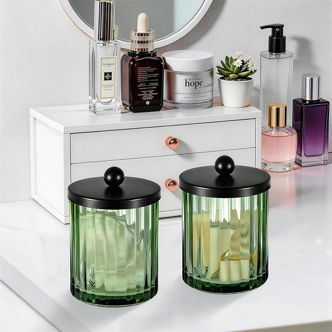 Amolliar Green Glass Apothecary Jar, Qtip Holder - Image 6