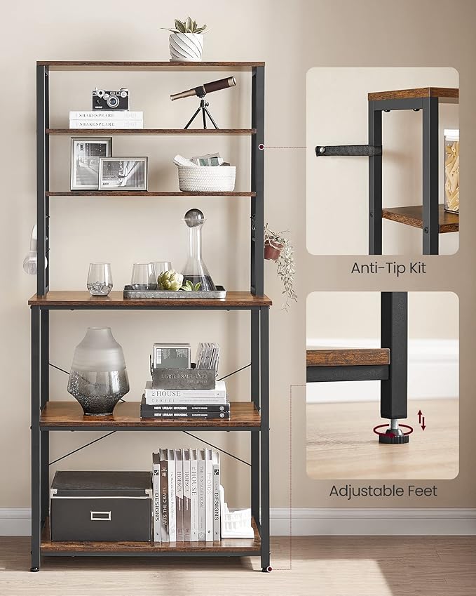 VASAGLE Coffee Bar, 31.5 Inches Baker's Rack for Kitchen with Storage, 6-Tier Kitchen Shelves with 6 Hooks, Microwave Stand, Industrial, Rustic Brown and Ink Black UKKS019B01