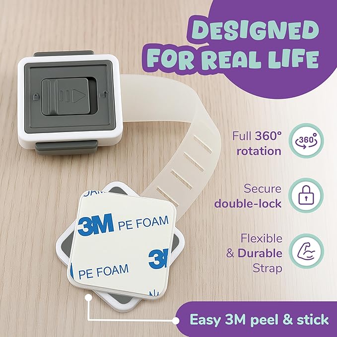 6 Pack Child Safety Cabinet Locks – Baby Proof Drawers, Cabinets, Toilets & Appliances – Adjustable Strap 4.5”–7.5”, Optional Double Lock, No-Drill 3M Adhesive, Easy for Adults