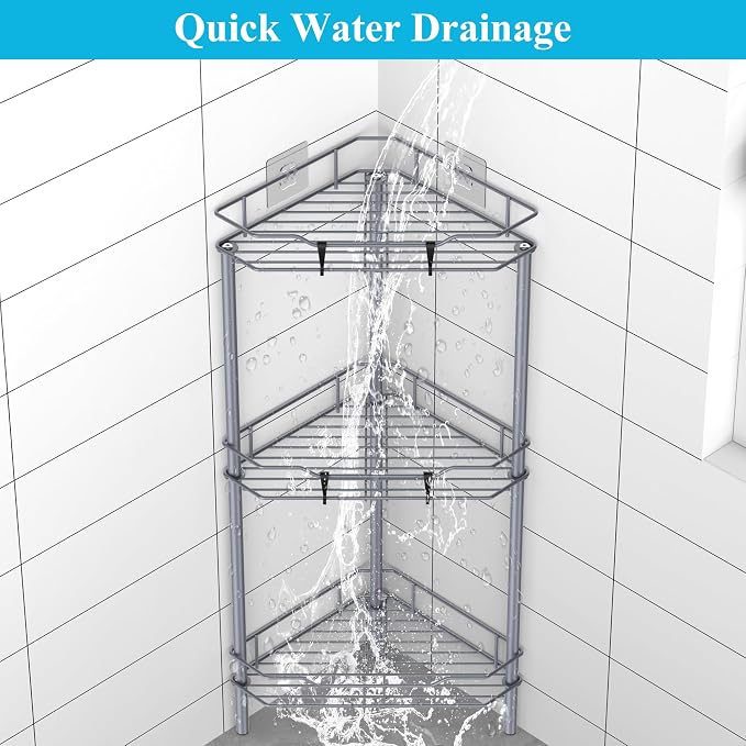 HuggieGems Metal Floor Standing Corner Shower Caddy, Dark Gray, 3 Tier - Image 5