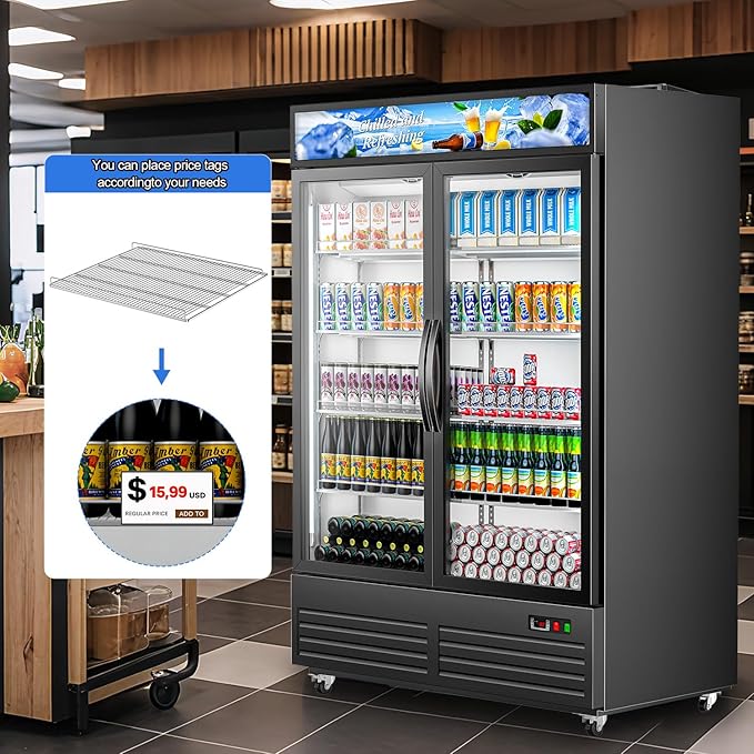 Tylza Commercial Refrigerator, Double Glass Door Display Beverage Fridge, 41.3 Cu Ft Upright Beverage Cooler Merchandiser with Replaceable Advertising Light Board, Rebound Door, Fast Cooling, Black