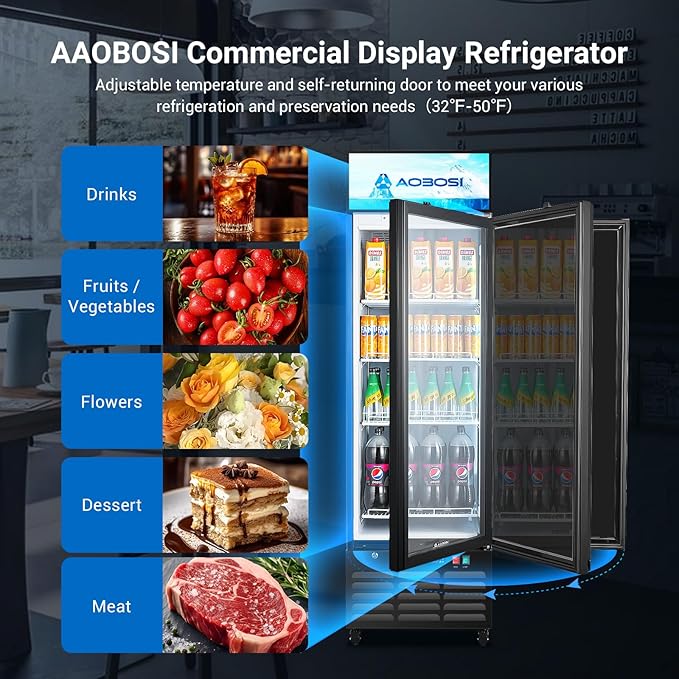 AAOBOSI Commercial Merchandiser Refrigerator,12.2Cu.Ft Glass Door Display Refrigerator,Upright Beverage Cooler Fridge with Soft LED Light, Customizable Lightbox,Universal Casters, Adjustable Shelves