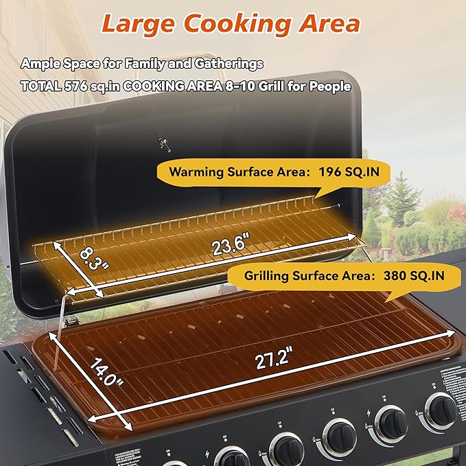 6 Burner Propane Gas Grill, 59,000 BTU Gas Grill with Side Burner, BBQ Grill with Cast Iron Grates, Stainless Steel Frame, 576 Sq In Cooking Area, Outside Grill for Patio Backyard, Patio