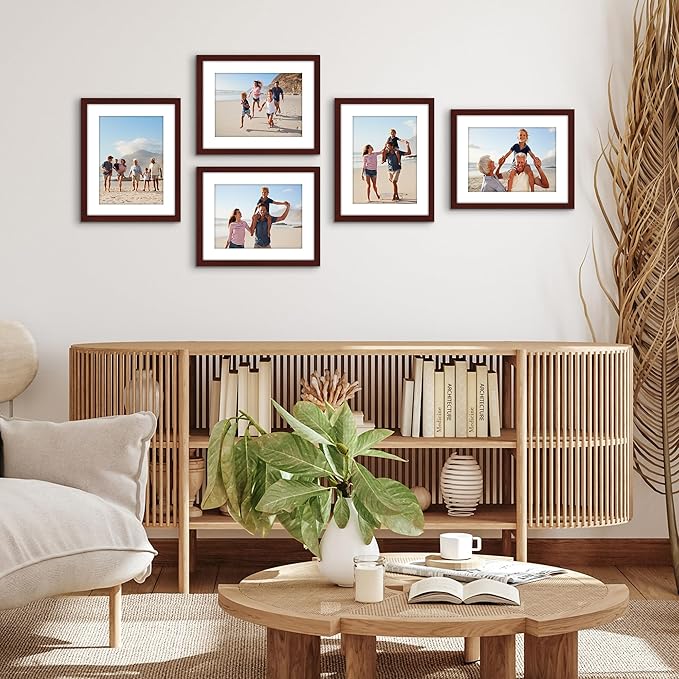 Americanflat 11x14 Picture Frame with Polished Plexiglass - Set of 5 - Use as 8x11 Frame with Mat or Display 11x14 Photo Without Mat - Galleria Collection - Picture Frames for Wall Display - Mahogany