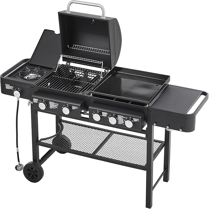 5 Burner Propane Gas Grill with Grilling & Griddling, 56,000 BTU Gas Grill with Side Burner, BBQ Grill with Stainless Steel Frame, 745 Sq In Cooking Area for Patio Backyard, Patio