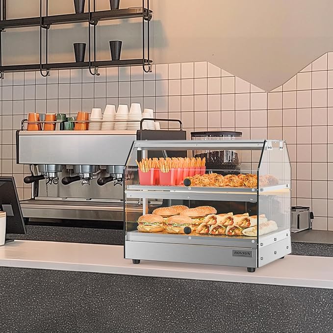 Bonnlo Commercial Food Warmer Display Pizza Warmer, 2-Tier Electric Countertop Food Warmer with LED Acrylic Door Removable Shelves Temp Control, Food Display Warmer for Buffet Restaurant, 120V 300W