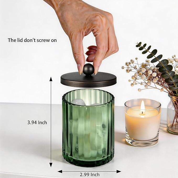 Amolliar Green Glass Qtip Holder Apothecary Jar Metal Lid - Image 5