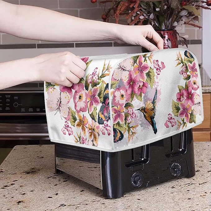 Hummingbird Flower Print Toaster 2 Slice Cover Stain Resistant Bread Maker Cover Dust Fingerprint Protection Kitchen Home Decor