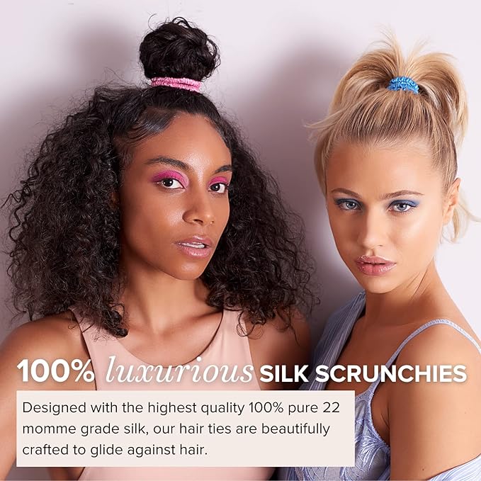 SILKE Hair Accessories - Luxurious Silk Scrunchies (8 Pack) | 100% Silk Hair Ties for Women - No Damage, Ideal for All Hair Types & Styles