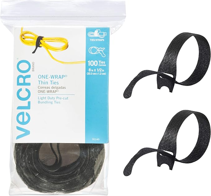 VELCRO Brand ONE-WRAP Cable Ties, 8in x 1/2in, 100 Pack | Thin Pre Cut Cable by VELCROBrand