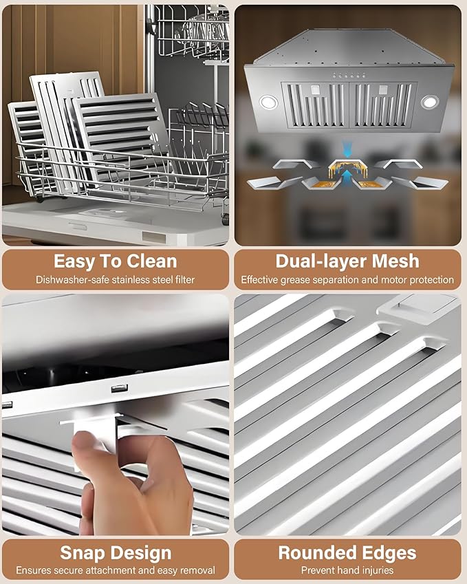 30 inch Stainless Steel Insert Range Hood - 900 CFM, Ultra-Quiet 4-Speed Vent, Button Control, LED Lights, Ducted/Ductless Convertible
