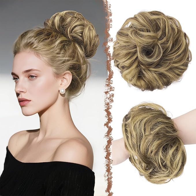 FESHFEN Large Messy Bun Hair Piece - Wavy Synthetic Chignon Scrunchies Elastic Ponytail Hair Extensions Thick Hairpieces for Women, Ash Brown & Blonde 1.94oz