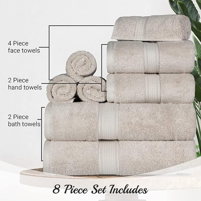 SUPERIOR Egyptian Cotton Ultra Plush & Absorbent, 8 Piece Set, Stone | Quick Dry - Image 9