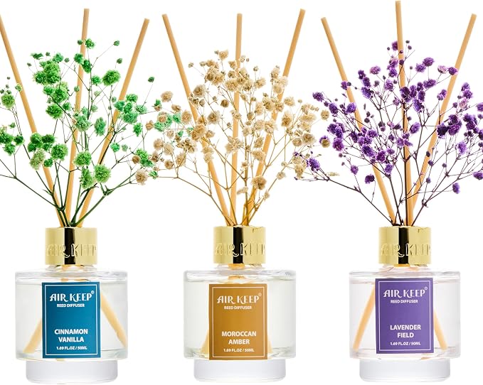 Reed Diffuser Set of 3, Cinnamon Vanilla Lavender Field Moroccan Amber Oil Reed by Airkeep