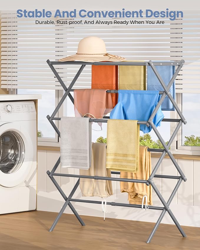 Oversize 3-Tier Clothes Drying Rack, No Install, Non-slip feet, Tool-free Setup - Image 8
