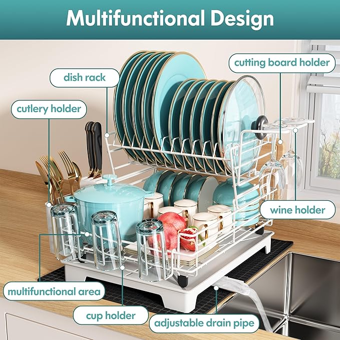 BOOSINY 2 Tier White Large Stainless Steel Dish Drainers Drying Rack for Kitchen Counter with Drainboard, Rust Proof Metal, Space Saving, Modern Aesthetic, Compact Plates Strainers with Extra Mat