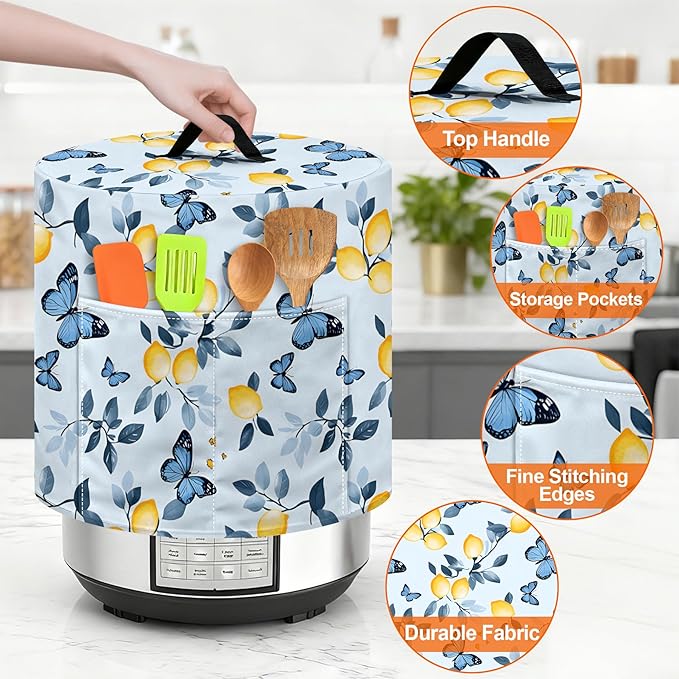 Kitchen Appliance Accessories Dust Cover for 3-6-8 Quart Instant Pot, Pressure Cooker, Air Fryer & Crock Pot,Decorative Appliance Cloth Cover with Top Handle & Storage Pockets (Blue, 6 Quart)