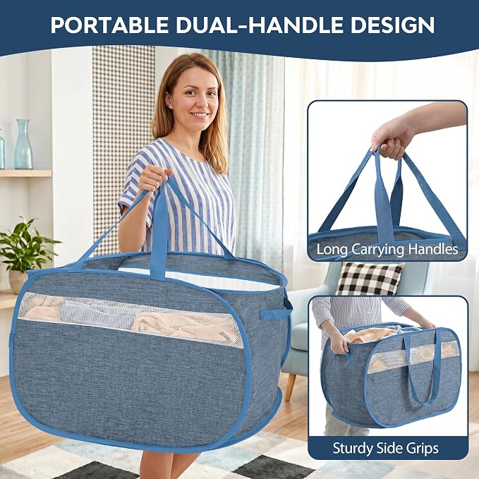 100L Collapsible Laundry Baskets, Foldable Dual Handles Laundry Hamper Blue | - Image 5