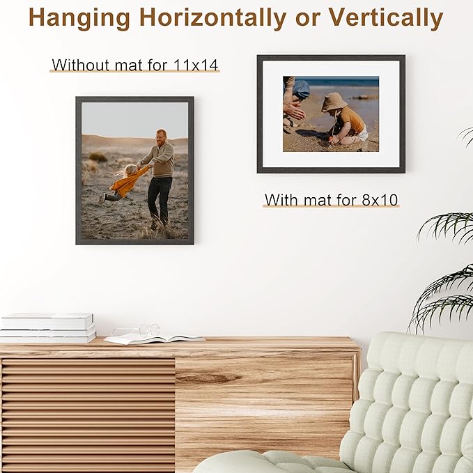 Vittanly 11x14 Picture Frame, Solid Wood Frame with Plexiglass, Includes 8x10 Mat, Wall Hanging for Photos, Home Decor, Black, 1 Pack