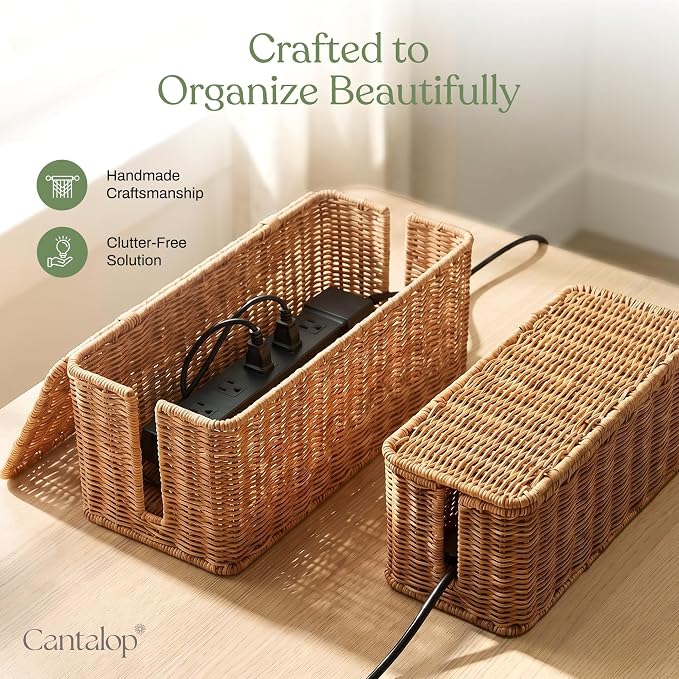 2PCS Cable Management Box Set, Handmade Rattan Cord Organizer | Large & - Image 7