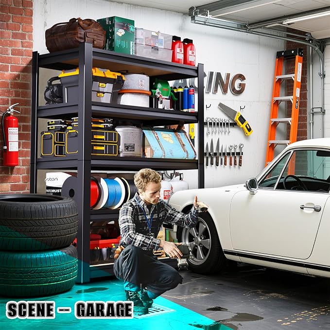 Garage Shelving 5-Tier Adjustable Metal Garage Shelves Heavy Duty Unit,3000 LBS Steel Shelf Storage Rack Suitable for Industries,Warehouses,Basement,Black(Wood-72'H x 45.7''W x 19.7''D)