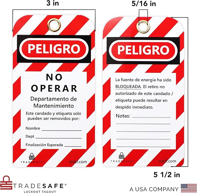 TRADESAFE Spanish Lockout Tagout Tags - Peligro No Operar, 30 Danger Do Not Operate Tags with 30 Zip Ties, Premium 32 mil Vinyl, OSHA Compliant Loto Tag for Lock Out Tag Out, Equipment Repair