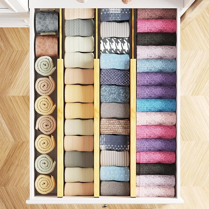 SpaceAid Bamboo Dresser Drawer Dividers 6 Pack, 4.65“ High Adjustable 17“-22” - Image 4