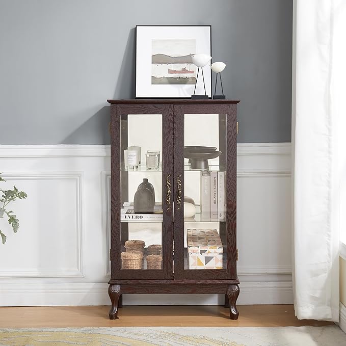 43" H Lighted Curio Cabinet Display Case, Glass Curio Cabinet with Adjustable Shelves and Tempered Glass Door, Wooden Cabinets w/Mirrored Back Pane for Living Room (Dark Cherry)