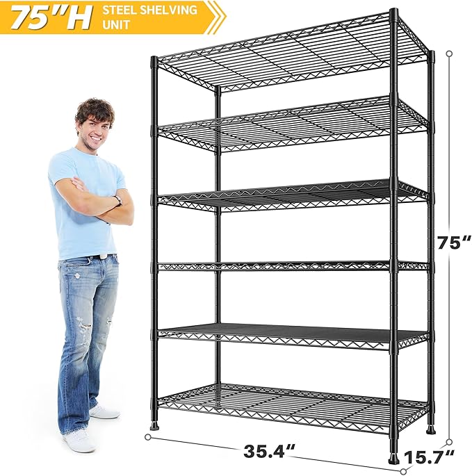 REIBII 75''H Storage Shelves Metal Shelving Unit, 6 Tier Wire Shelving for Pantry Shelves Adjustable 1200LBS Garage Shelving Heavy Duty Storage Rack for Kitchen Garage, 35.4''W*75''H*15.7" D