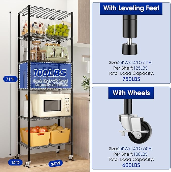 2 Pack Rolling 6-Tier Storage Shelves with Wheels, Heavy Duty Wire Shelving Rack Capacity 750 lbs, 14" D x 24" W x 71" H Adjustable Metal Shelving for Garage, Closet, Kitchen