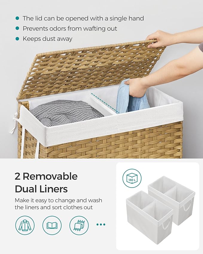 SONGMICS Laundry Hamper with Lid, 130L Double Wicker Basket, 6 Mesh Bags - Image 3