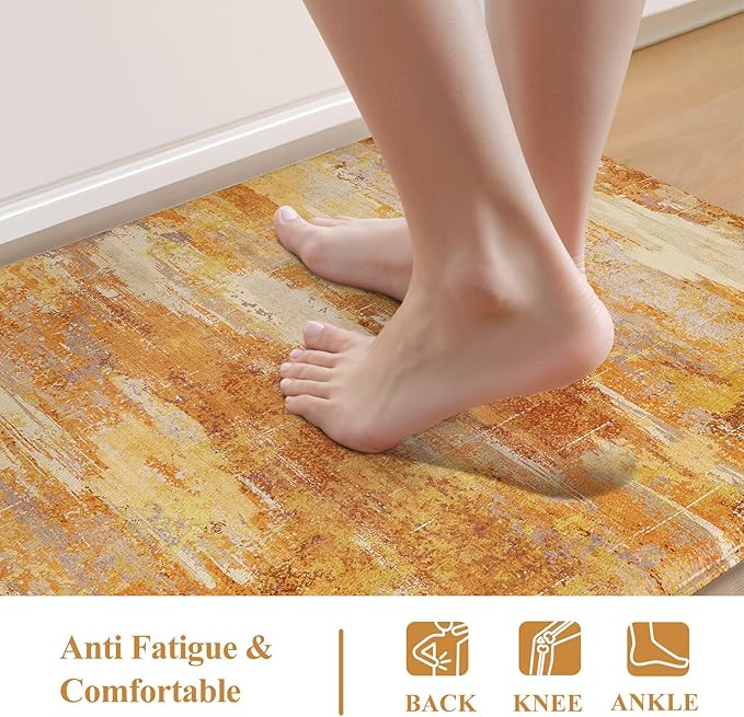 Collive Kitchen Mats for Floor 2PCS, Fall Abstract Cushioned Anti Fatigue Mat Non Slip Waterproof Kitchens Sink Rug, Orange Modern Comfort Standing Mat for Desk, Bar, Home Decor, 17"x47"+17"x29"