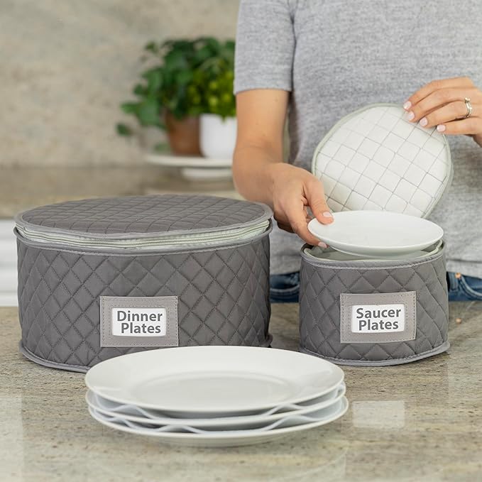 Stack Store Plus More China Storage Case - Dinner Plate Quilted Case - 12 inches diameter x 7 inches height - Gray - Includes 12 Felt Separators