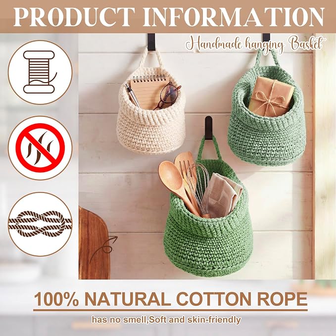 Honeydak 3 Hanging Baskets, Sage Color Palette, Cotton Rope - Image 3