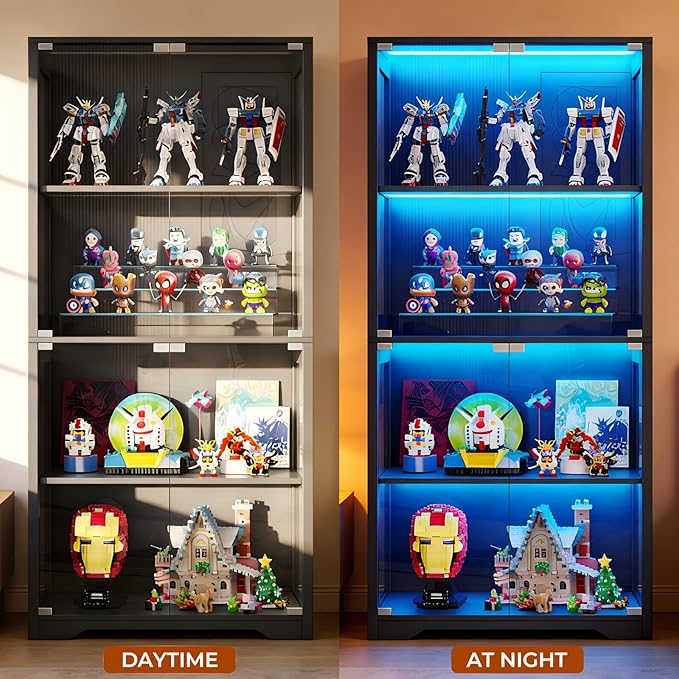 Display Cabinet with Glass Doors, Curio Cabinet with 3 LED Lights and Human Body Sensor, Bookcase with 4 Shelves Storage Cabinets, Black