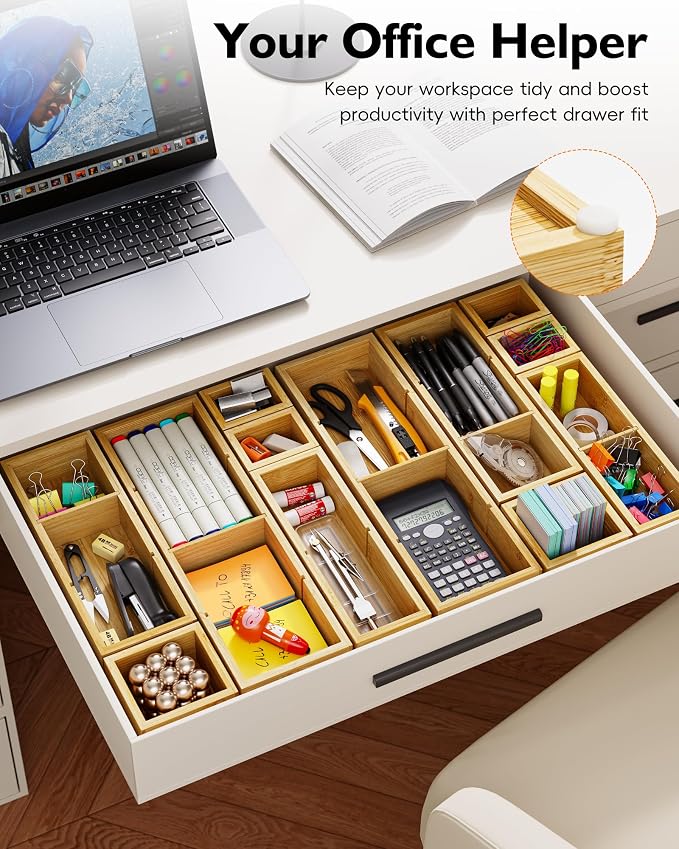 12-Piece Bamboo Drawer Organizer Set, 24 Compartments Modular Storage | Natural - Image 5