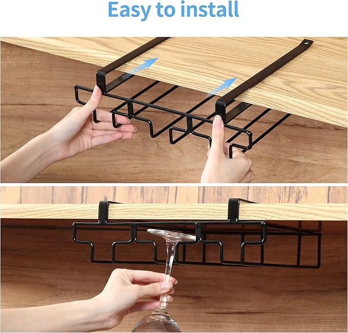 Wine Glass Rack Under Cabinet Drilling Free No Screw Steamware Holder Under Shelf Metal Wine Glasses Holders 304 Stainless Steel Hanger Storage Organizer Hanging Glass Fit for Bar Kitchen 4 Rows Black