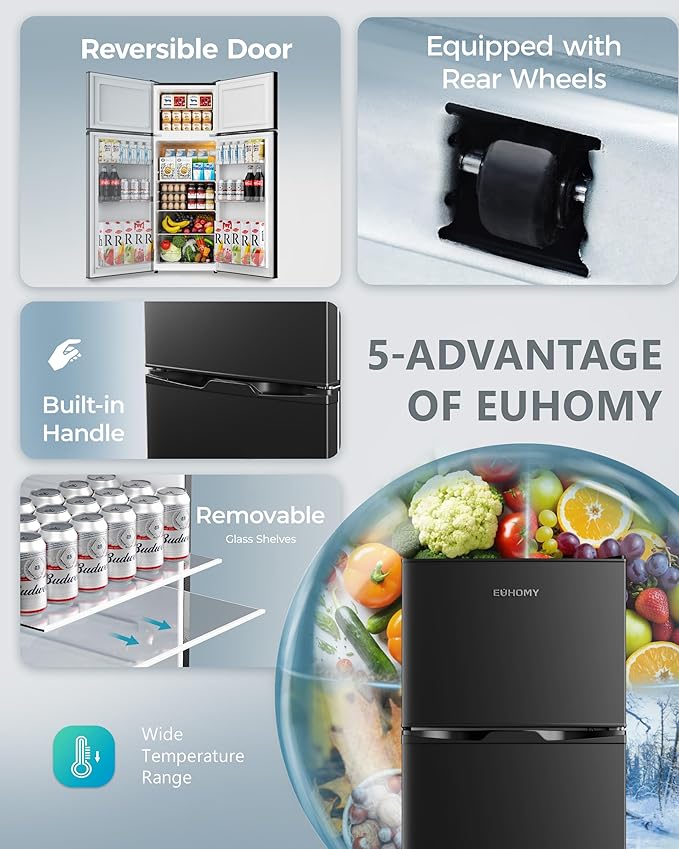 EUHOMY 7.4 Cu.Ft. Refrigerator with Freezer, 2 Door Fridge, Large Capacity,Adjustable Thermostat, Refrigerator for Kitchen/Dorm/Apartment/Garage - Food Storage or Cooling drinks, Black