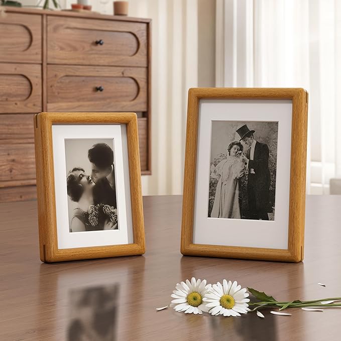 Axeman 5x7 Picture Frame - Solid Teak Wood Frame With Mat for 4x6 - Rounded Corner 5 x 7 Picture Frame with Tempered Glass for Tabletop Display