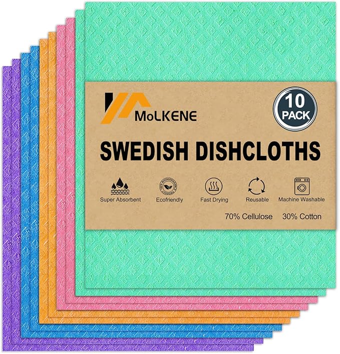 MoLKENE Swedish Dishcloths for Kitchen, 10 Pack, Non-Scratch Cellulose Sponge by MoLKENE