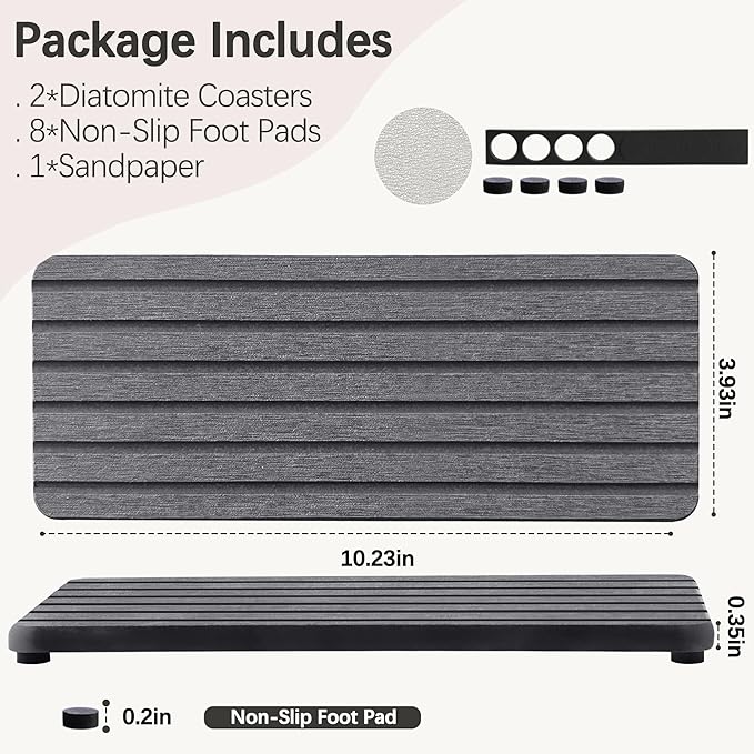 2 PCS Water Absorbent diatomite Coasters, 10.2" x 4" Water Absorbing Stone Tray for Sink, Stone Drying mat for Kitchen Counter, Stone soap Tray Used for Hand Soaps & toiletries & Plants