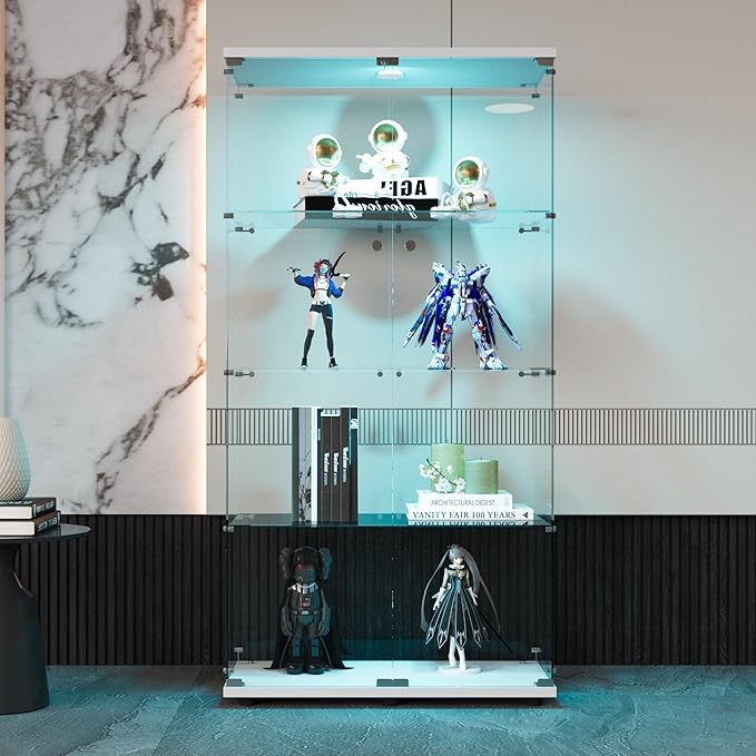 64.5" H 4-Shelf LED Lights Glass Display Cabinet with Double Door,Modern Curio Cabinet Collection Display Case,Floor Standing Bookshelf Glass Case with Lock for Living Room,Home Office (White)