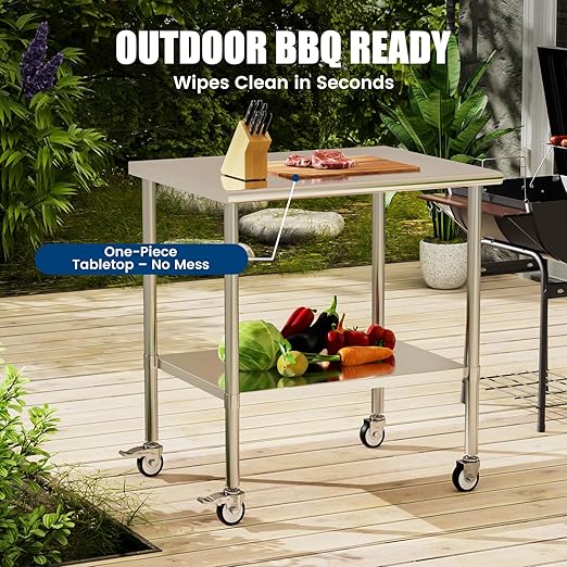 Stainless Steel Work Table with Wheels, 30x36 Inch NSF Kitchen Prep Table with Adjustable Undershelf for Commercial Restaurant, Garage, Outdoor BBQ