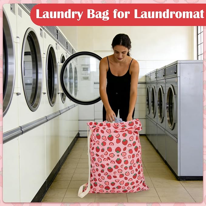 Canvas Laundry Bag with Shoulder Strap Drawstring, Strawberry - Image 7