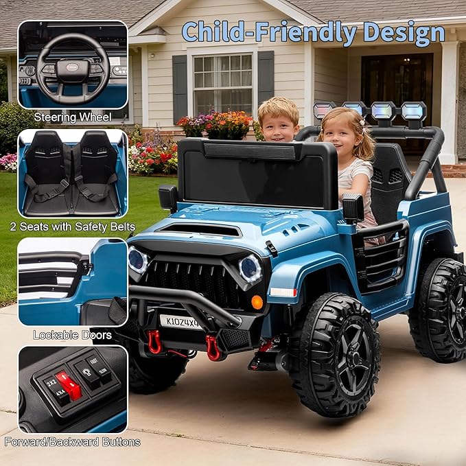 Kids 24V 2-Seater Electric Ride On Car, 4x4 Ride On Truck w/Remote Control, 4-Wheeler Suspension, 3 Speeds, Led Lights, Bluetooth, Ride on Car Toy for Kids Ages 3-8, Lake Blue
